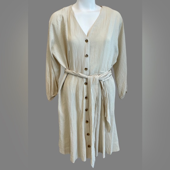 Calvin Klein Button Down Shirt Dress Womens 6 Medium Textured Belt Tie Waist - Picture 1 of 11